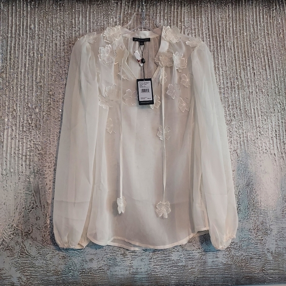Adrianna Papell Floral Embroidered Chiffon Semi-Sheer Blouse Sz-L - Picture 7 of 8